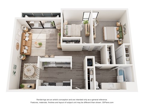 Floor plan for 2 beds, 1 bath, 952 sqft